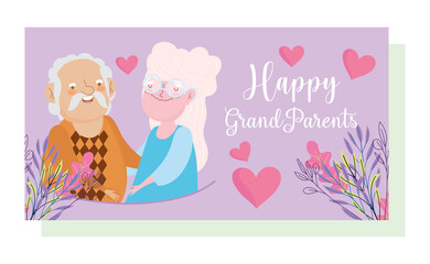 happy grandparents day, portrait elderly couple with flowers and hearts cartoon card