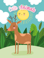 Fototapeta premium cute deer animal sun sky grass forest nature wild cartoon