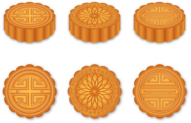 Set of isolated chinese mooncakes. Traditional cakes of mid autumn festival