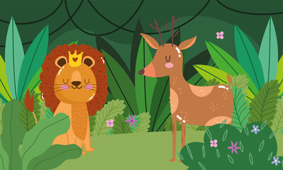 Obraz na płótnie Canvas cute lion with and deer animal grass forest nature wild cartoon