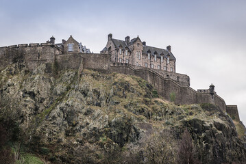 Fototapeta na wymiar Castle Hospital in the Old Town of Edinburgh city, Scotland, UK, view from Princes Street Gardens