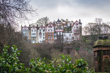 Residential buildings in the Old Town of Edinburgh city, Scotland, UK, view from Princes Street Gardens