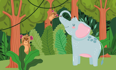 mignon éléphant et singes animal herbe forêt nature sauvage dessin animé