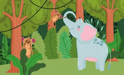 Poster Chambre denfants mignon éléphant et singes animal herbe forêt nature sauvage dessin animé