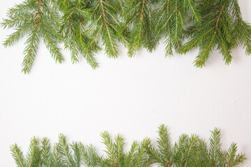 Obraz premium spruce branches top and bottom on white background top view copy place, frame from fresh natural spruce branches