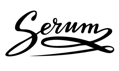 serum black lettering text; calligraphy for label, handwritten vector illustration; picture for web or print