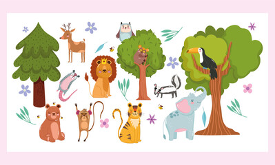 cute lion tiger deer elephant bear monkey owl trees animals forest nature wild cartoon