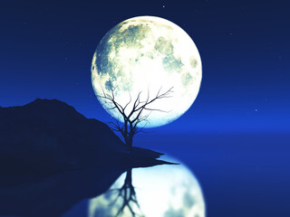 3D moonlit landscape with old gnarly tree