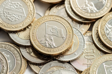 Stacks of Turkish coins, one lira special version.