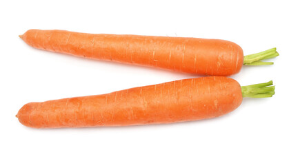 Two carrot isolated on white background. Creative healthy food concept. Nature, juice. Top view, flat lay
