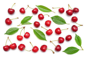 Obraz na płótnie Canvas Cherries with leaves isolated on white background. Top view, flat lay