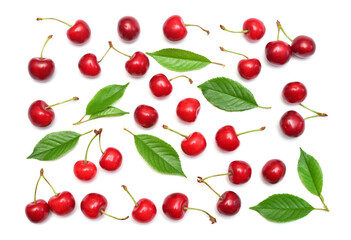 Obraz na płótnie Canvas Cherries with leaves isolated on white background. Top view, flat lay