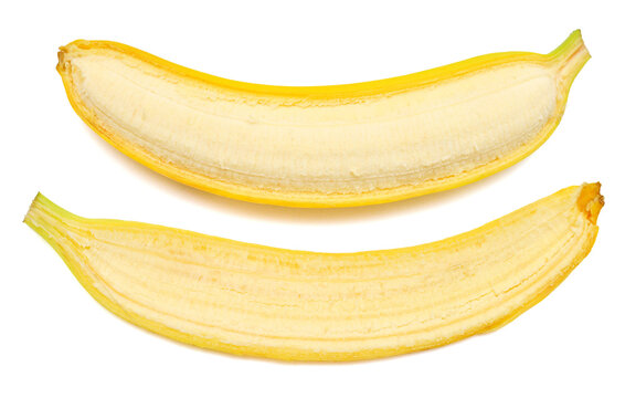 One banana peeled isolated on white background. Perfectly retouched, full depth of field on the photo. Top view, flat lay