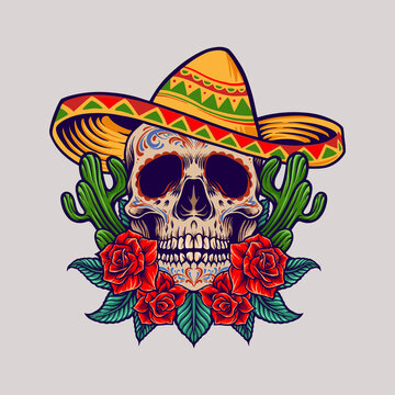 Cool Skull Tattoo Sombrero On Red Stock Vector Royalty Free 421892188   Shutterstock