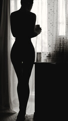 Sexy slim dark silhouette of a young woman against the background of a window with curtains and sun rays