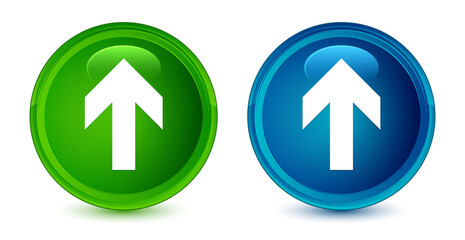 Upload arrow icon artistic shiny glossy blue and green round button set