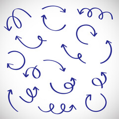 Arrow vector set isolated on gray background. Trendy collection of different arrows for web site, app and logo. Hand drawn arrows, vector illustration