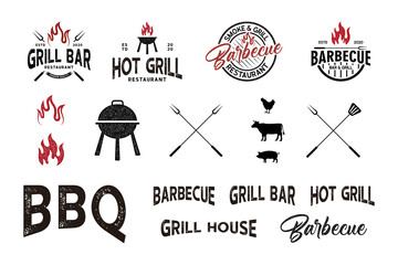 Retro BBQ Grill, Barbecue logo element vector with vintage grunge textured concept