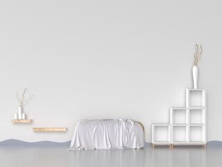 Presentation room with bench and ceiling, floating shelf, empty bookshelf and designer vase. White room. 3d illustration