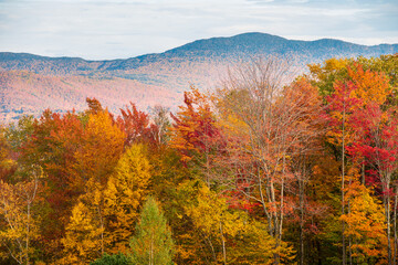 Autumn in the mountains. Vibrant Fall colors in display near Stowe, Vermont 
