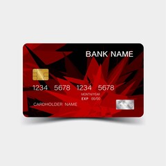 Credit card. With red elements desing. And inspiration from abstract. On white background. Glossy plastic style. 
