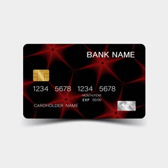 Credit card. With red elements desing. And inspiration from abstract. On white background. Glossy plastic style. 