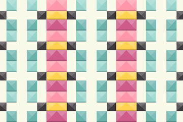 3D square block geometric seamless pattern use orange, black, pink, and blue colors isolated on white background.