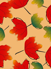 Autumn maple leaf seamless background, fall season image, vector illustration, doodle drawing style
