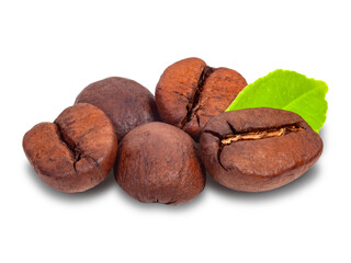five coffee beans and a green sheet close-up on a white background, soft shadows, isolate
