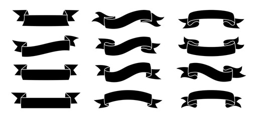 Ribbon set. Tape blank black glyph collection, decorative silhouette icons. Vintage outline design, ribbons sign style. Web icon kit of text banner tapes. Isolated vector illustration