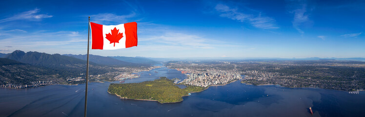 Downtown Vancouver, British Columbia, Canada. Canadian National Flag Overlay. Aerial Panoramic View of the Modern Urban City, Stanley Park, Harbour and Port.