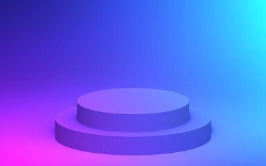 3d purple blue neon light cylinder podium minimal studio gradient dark colors background. Abstract 3d geometric shape object illustration render. Display for nightclub party and technology product.