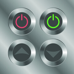set of vector illustration of a power button in metal texture with red and green led light - 367045597