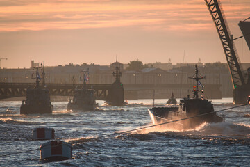 View of Russian Navy, modern russian military naval battleships warships in the row, northern fleet...