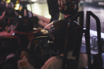 View of indoor karting racetrack, go-kart competition, go-cart racing track