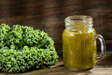 organic kale in smoothie, leaves and powder