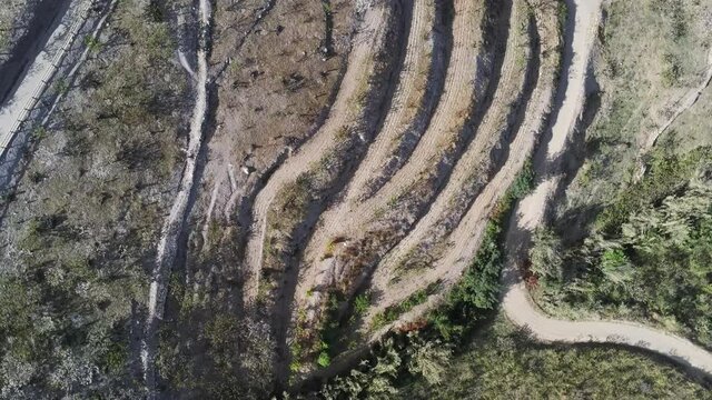 Aerial view in landscape with beautiful fields. Drone Footage