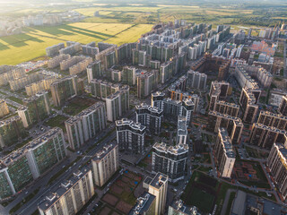 Aerial drone view of Murino city skyline panorama, Saint-Petersburg outskirts, Leningrad oblast...