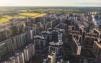 Aerial drone view of Murino city skyline panorama, Saint-Petersburg outskirts, Leningrad oblast...