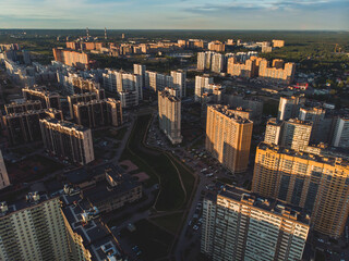 Aerial drone view of Murino city skyline panorama, Saint-Petersburg outskirts, Leningrad oblast...