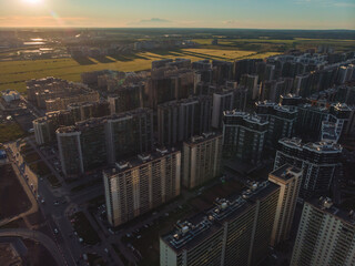 Aerial drone view of Murino city skyline panorama, Saint-Petersburg outskirts, Leningrad oblast...
