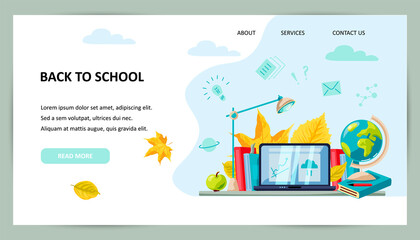 Laptop with books, globe, apple, pens, fallen leaves. Welcome back to school concept. E-learning concept. Flat cartoon style design. Place for text. Vector illustration.