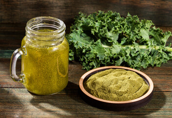 organic kale in smoothie, leaves and powder