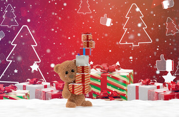 teddy bear with christmas presents and snow. Christmas gifts and cute teddy bear 3d-illustration