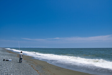 釣り,海, 海岸, 波, 浜, 砂, 水, 白波, 空, 青