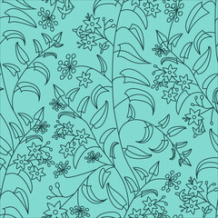 Floral decorative pattern. Nightshade. Seamless pattern of dark contours on a light green background