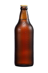 600ml brown beer beer bottle with drops isolated without shadow on a white background