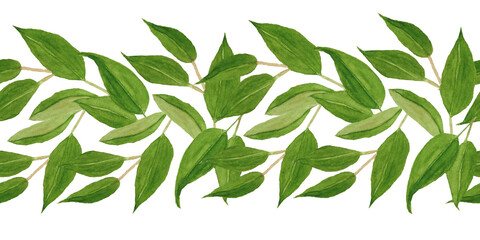 Watercolor hand drawn seamless horizontal border illustration with green tangerine citrus leaves. Natural organic elegant greenery design for textile, wrapping paper. Rustic forest botanic foliage.