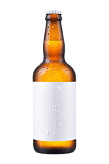 500ml brown beer bottle with white label for mockup and with drops isolated without shadow on a white background with work path