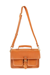 brown leather bag with a shoulder strap isolated on white with clipping path included